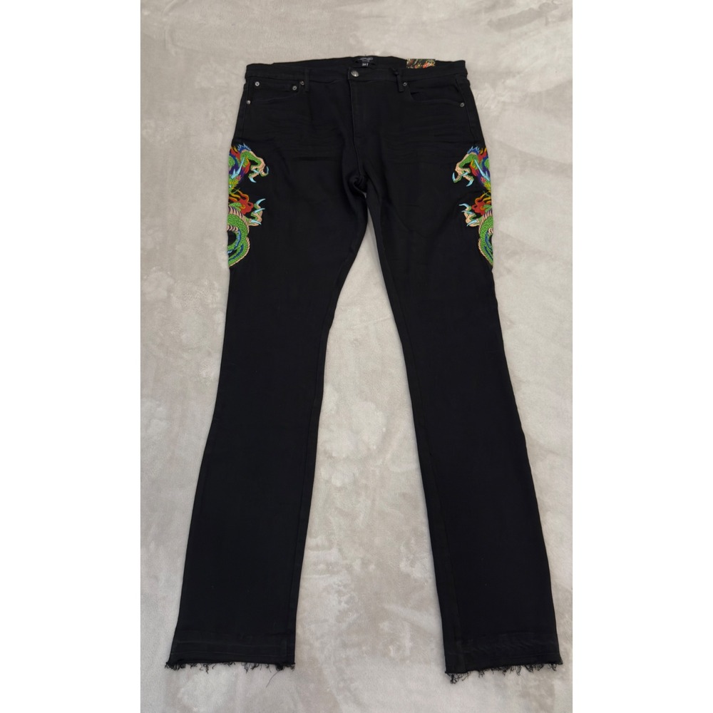 Ed Hardy Stacked Bootcut Jeans Mens 38 Black New Dragon Embroidery MEHD8303-1